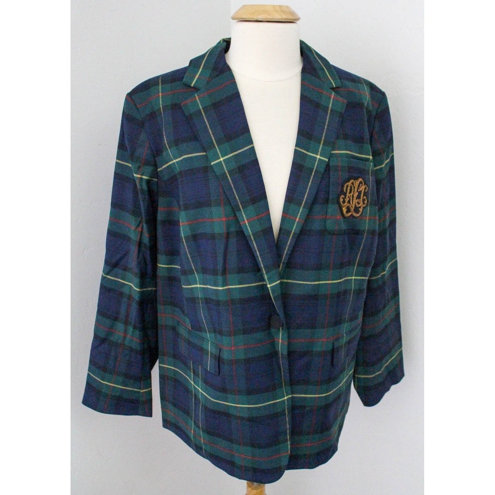 Lauren Ralph Lauren Blazer Womens 20W Green Plaid Wool Blend Bullion Crest NWT